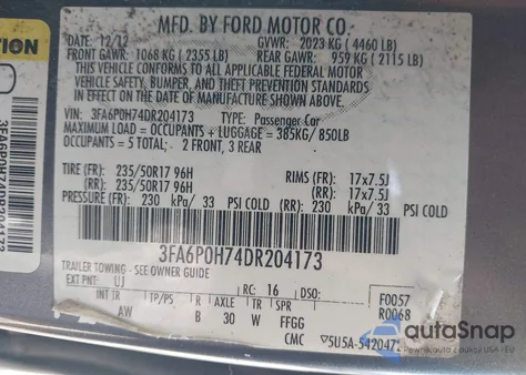 2013 Ford Fusion Se z USA, uszkodzony, nr VIN 3FA6P0H74DR204173